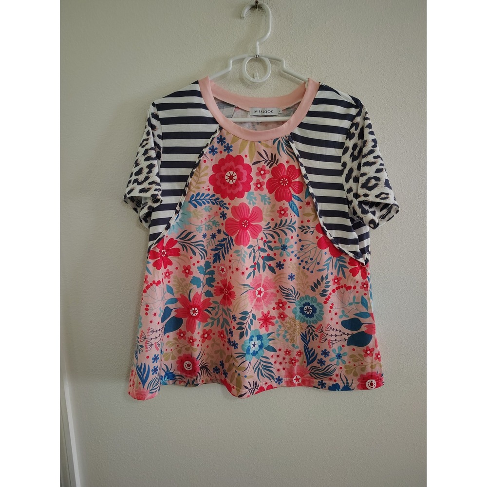 Misslook Womens Floral Stripe Leopard Mixed Print Top Pink Blue Large Short